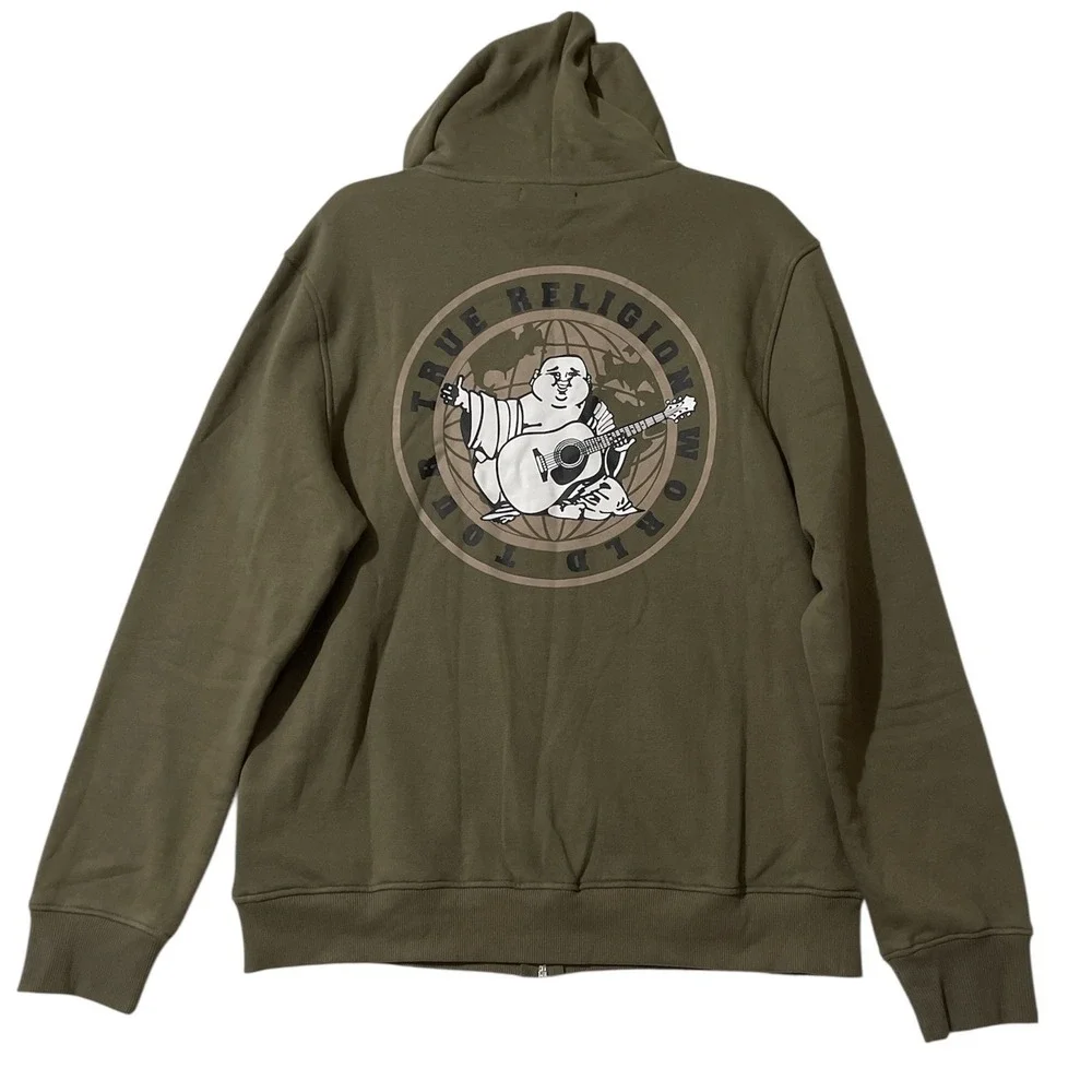 True Religion Mens Global Buddha Zip Hoodie Kalamata Olive Green Size Large $119